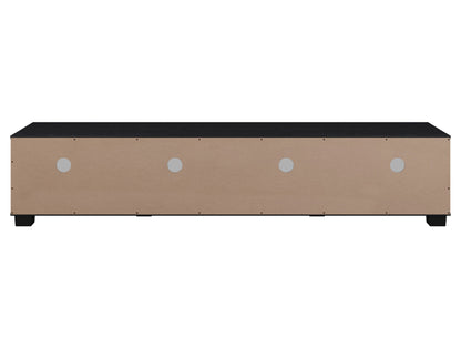 Black glass TV stand with silver metal frame, three-tiered shelves, and sleek modern design, suitable for TVs up to 85 inches.