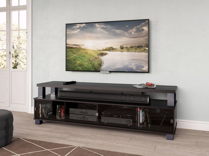 black Extra Wide TV Stand for TVs up to 95" Bromley Collection lifestyle scene by CorLiving
