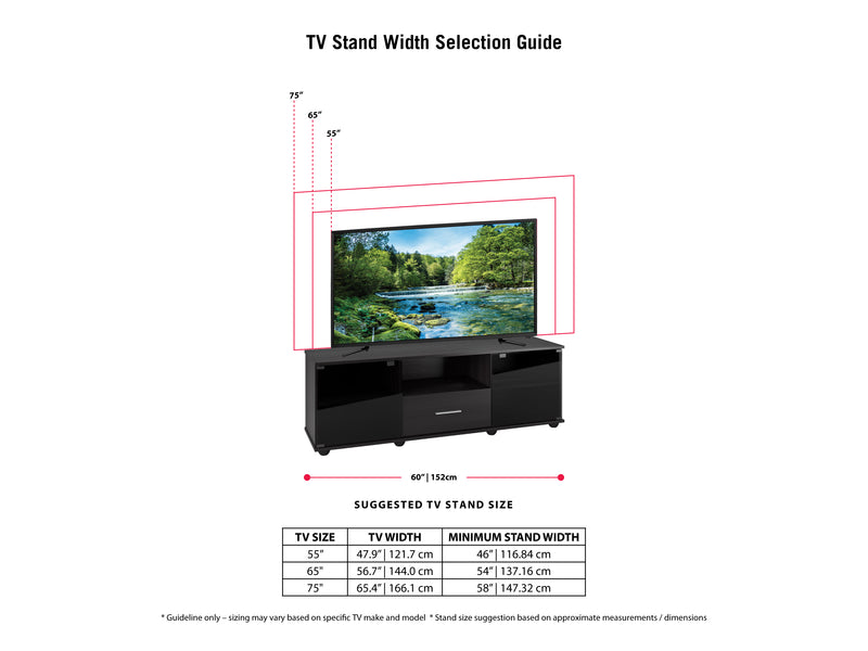 black TV Stand for TVs up to 75" Fernbrook Collection infographic by CorLiving