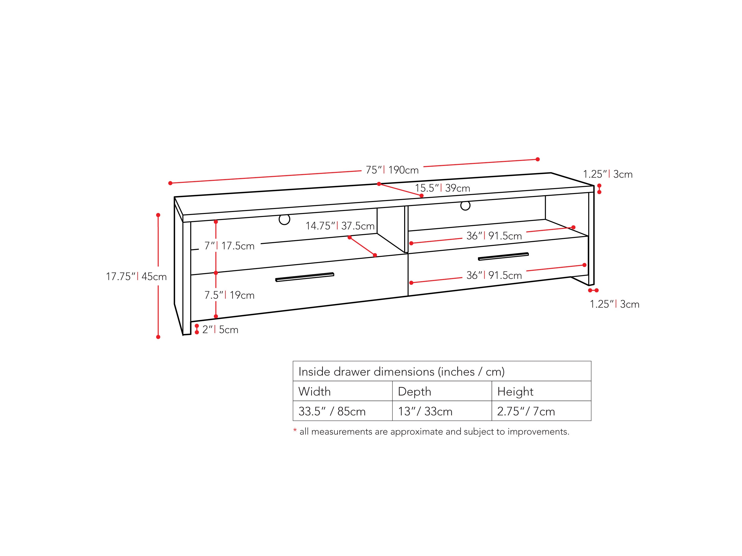 black TV Stand for TVs up to 95" Fernbrook Collection measurements diagram by CorLiving#color_black