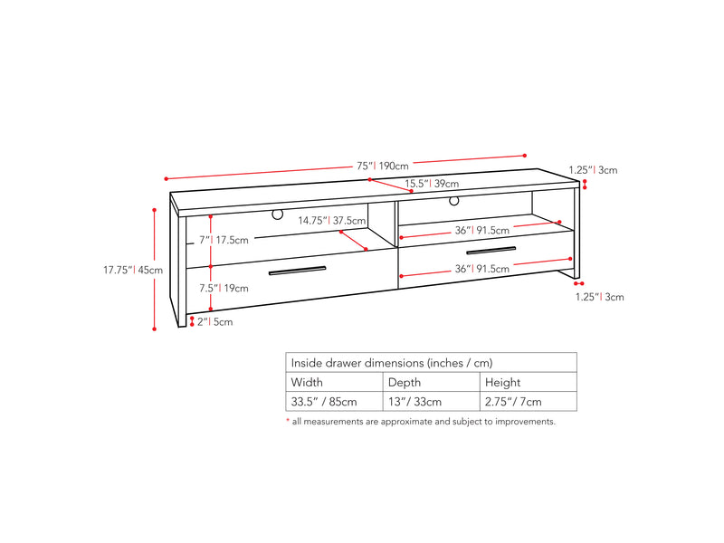 black TV Stand for TVs up to 95" Fernbrook Collection measurements diagram by CorLiving