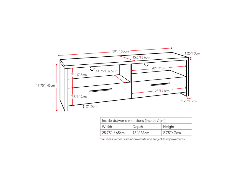 black TV Stand for TVs up to 75" Fernbrook Collection measurements diagram by CorLiving