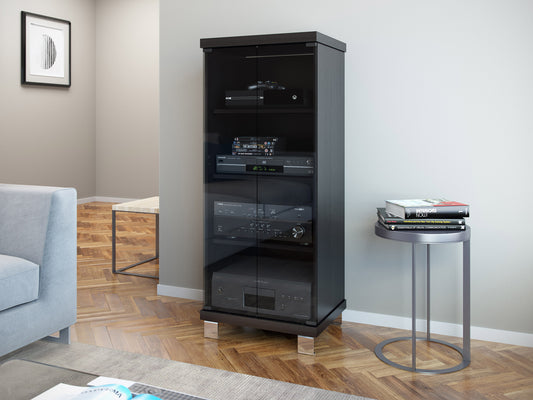 Modern media storage cabinet with doors, featuring a sleek black finish, minimalist design, and ample storage space, perfect for organizing electronics and media collections in a contemporary living room.