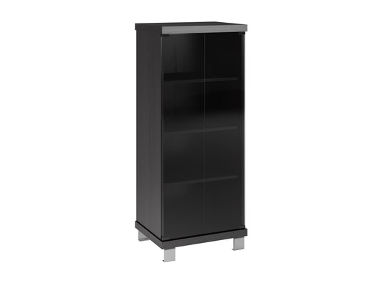 Modern media storage cabinet with doors, featuring sleek white finish, minimalist design, and ample storage space. Perfect for organizing electronics, DVDs, and gaming consoles in a contemporary living room.