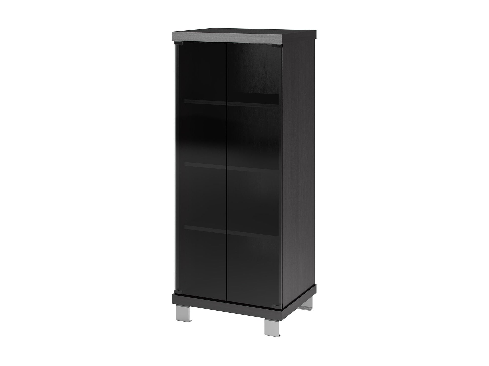 Dark brown media storage cabinet with sleek doors, adjustable shelves, and a modern design; perfect for organizing DVDs, books, and electronics in a contemporary living room or home office.