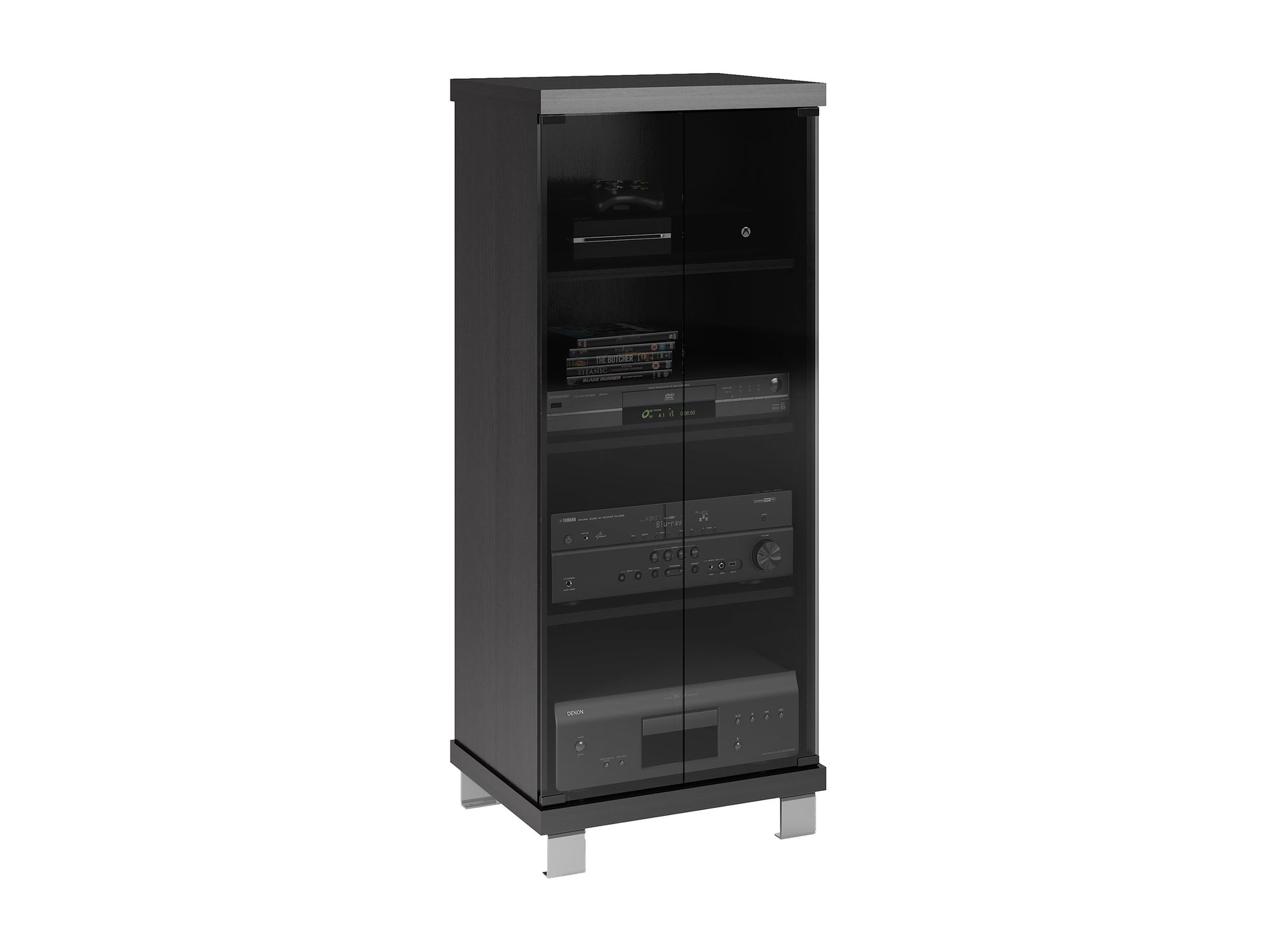 Modern media storage cabinet with doors, featuring a sleek white finish, minimalist design, and ample storage space for electronics and media accessories, perfect for contemporary living rooms or entertainment areas.