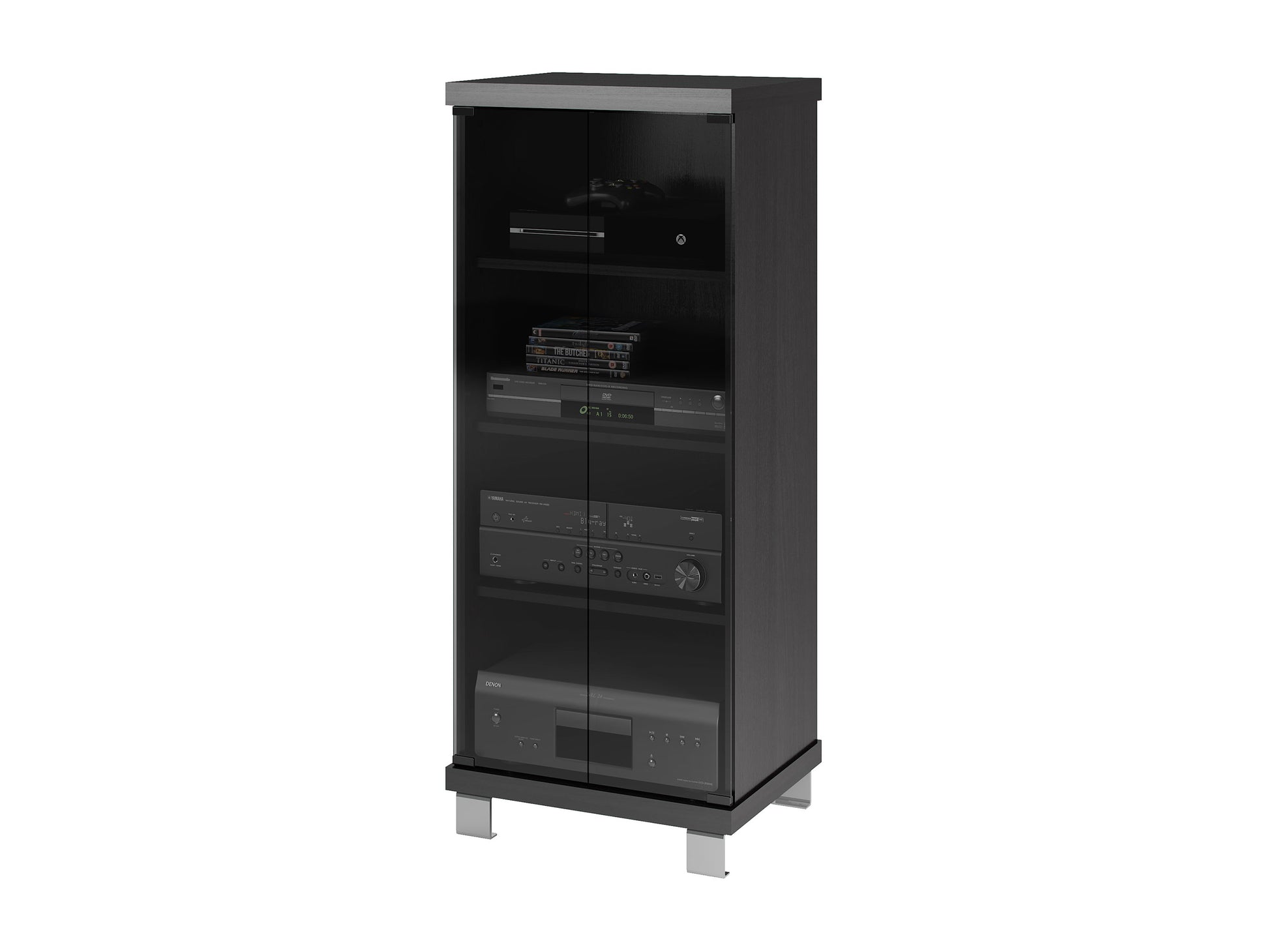 Modern media storage cabinet with sleek white doors, natural wood frame, and minimalist design. Features ample storage space with adjustable shelves and cable management. Ideal for organizing electronics and media.