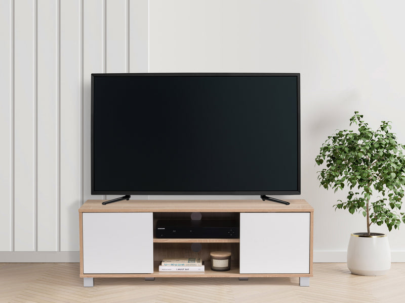 brown and white Modern TV Stand for TVs up to 55" Hollywood Collection lifestyle scene by CorLiving