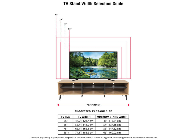 light wood and grey TV Bench with Open Shelves, TVs up to 85" Cole Collection infographic by CorLiving