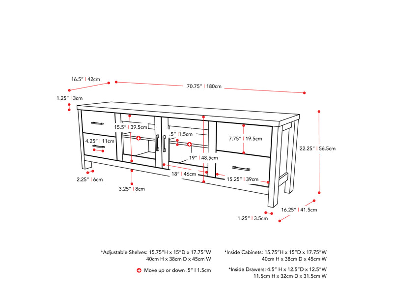 dark grey TV Cabinet with Doors for TVs up to 85" Hollywood Collection measurements diagram by CorLiving
