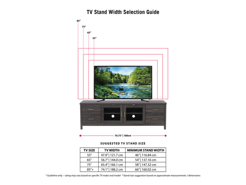 dark grey TV Cabinet with Doors for TVs up to 85" Hollywood Collection infographic by CorLiving