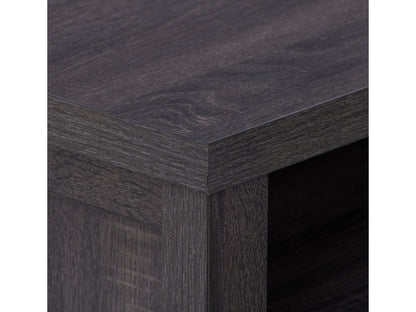 Grey wood TV stand with sleek modern design, accommodates TVs up to 85 inches, featuring two open shelves, two cabinets with black metal handles, and a textured wood finish.