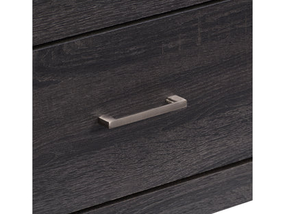Grey wood TV stand with sleek design, textured finish, and ample storage space, suitable for TVs up to 85 inches. Features open shelves and enclosed cabinets for organized media equipment.