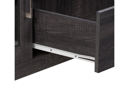 Grey wood TV stand for TVs up to 85 inches, featuring a sleek design with two open shelves, two cabinets with metal handles, and a textured wood grain finish.
