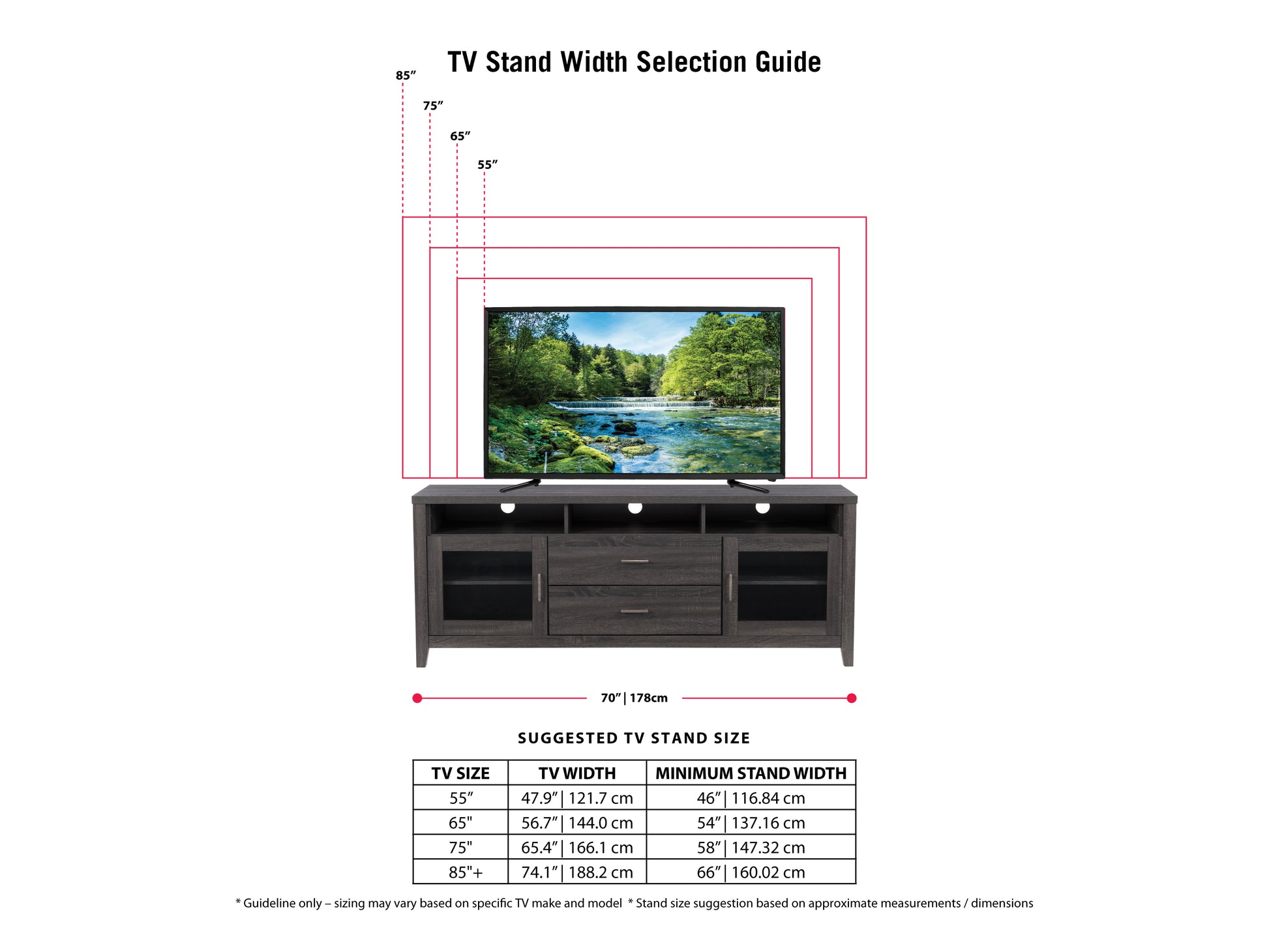 Grey wood TV stand for TVs up to 85 inches with two sliding barn doors, black metal hardware, and open shelving for storage.