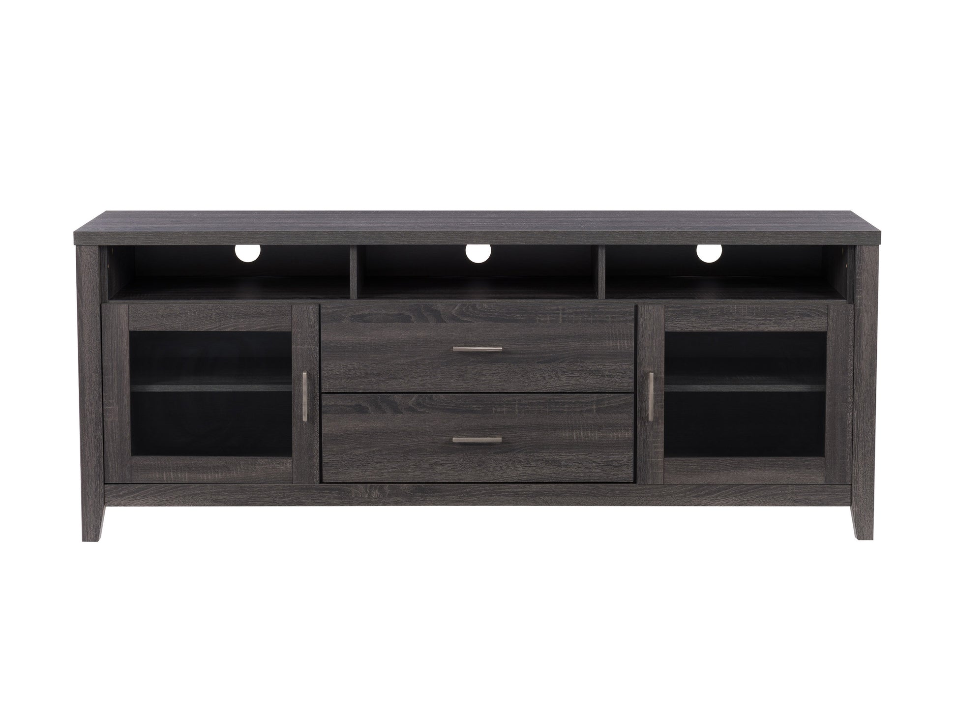 Grey wood TV stand for TVs up to 85 inches, featuring a sleek design with a textured finish, open shelves, and closed cabinets for storage, blending modern and rustic styles.