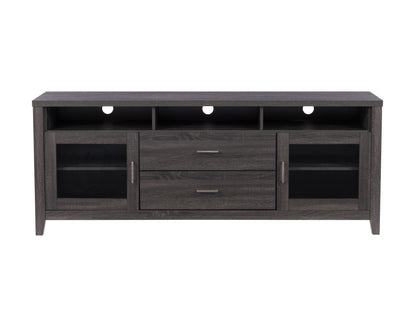 Grey wood TV stand for TVs up to 85 inches, featuring a sleek design with a textured finish, open shelves, and closed cabinets for storage, blending modern and rustic styles.