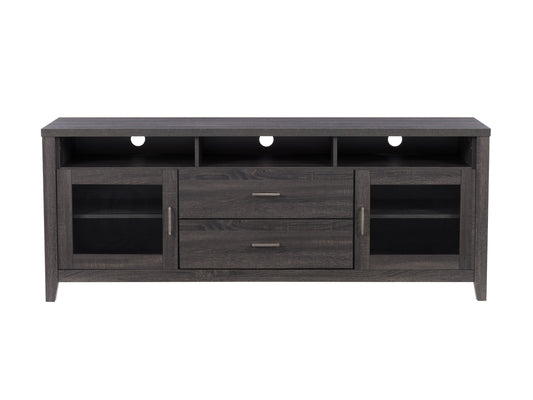 Grey wood TV stand for TVs up to 85 inches, featuring a sleek design with a textured finish, open shelves, and closed cabinets for storage, blending modern and rustic styles.
