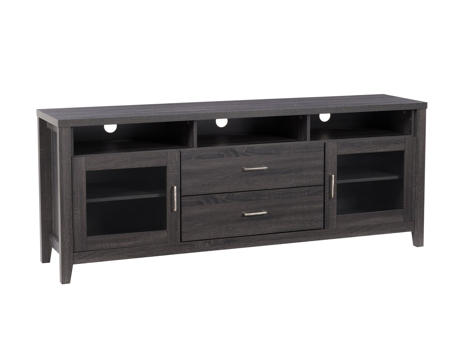 Grey wood TV stand with two open shelves, two cabinets with glass doors, and metallic handles, suitable for TVs up to 85 inches. Modern design with a textured finish, perfect for living rooms.