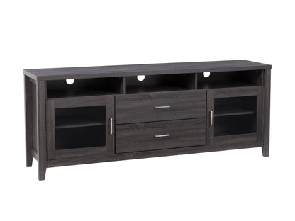 Grey wood TV stand with two open shelves, two cabinets with glass doors, and metallic handles, suitable for TVs up to 85 inches. Modern design with a textured finish, perfect for living rooms.