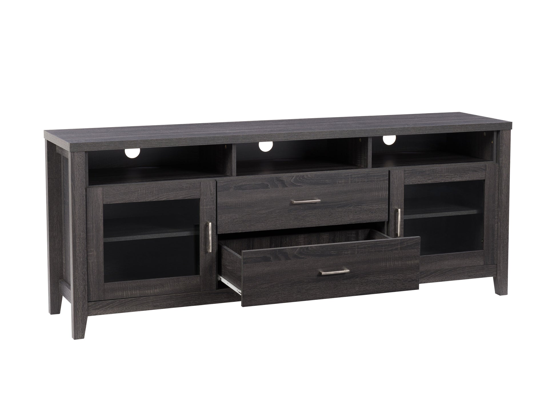 Grey wood TV stand with open shelves and cabinets, suitable for TVs up to 85 inches. Features a sleek, modern design with black metal accents and ample storage space for electronics and decor.