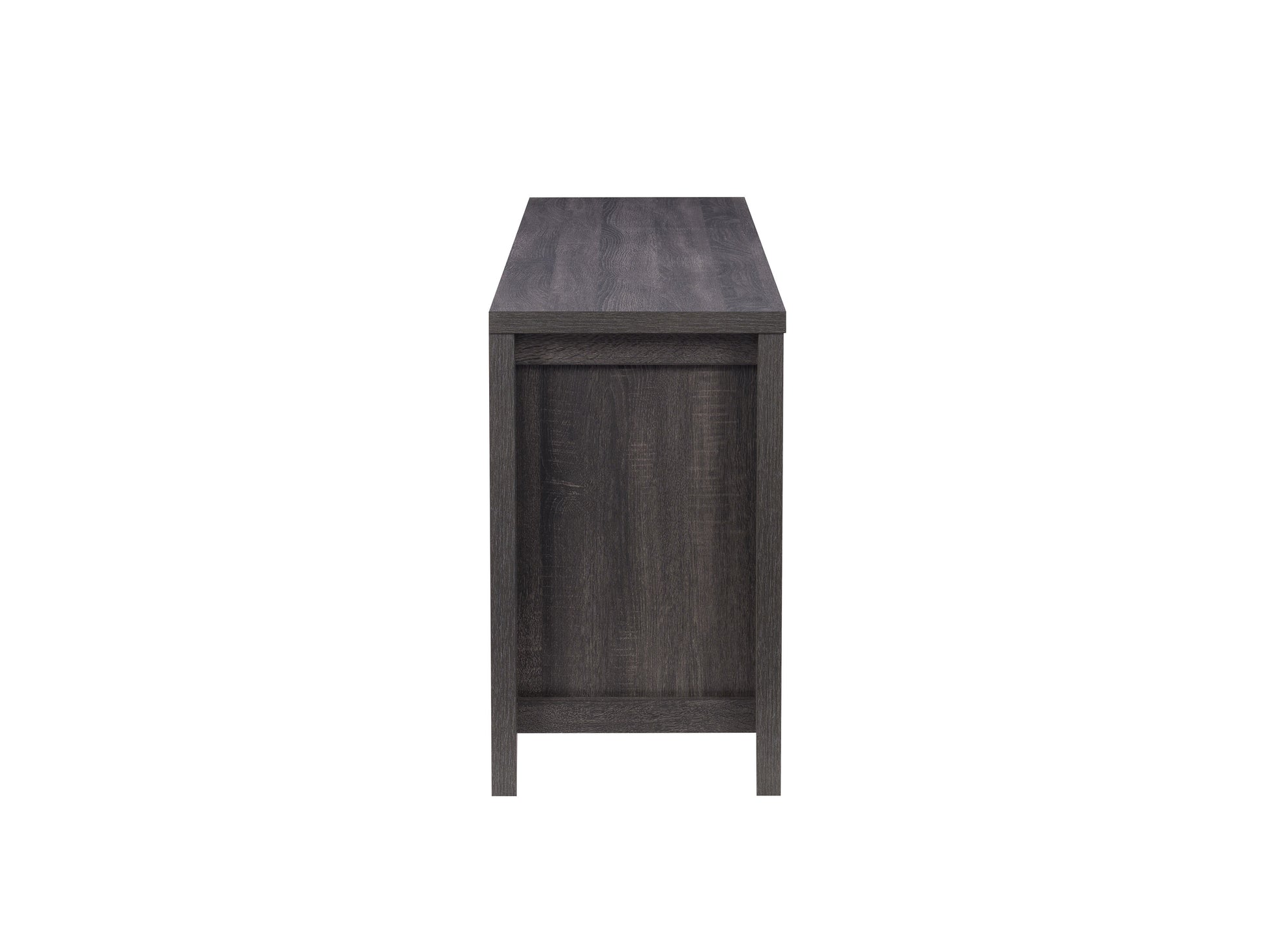 Grey wood TV stand with sleek design, fits TVs up to 85 inches, features open shelving, cabinet doors, and a modern aesthetic with a textured wood finish. Ideal for contemporary living rooms.