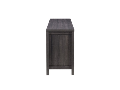 Grey wood TV stand with sleek design, fits TVs up to 85 inches, features open shelving, cabinet doors, and a modern aesthetic with a textured wood finish. Ideal for contemporary living rooms.