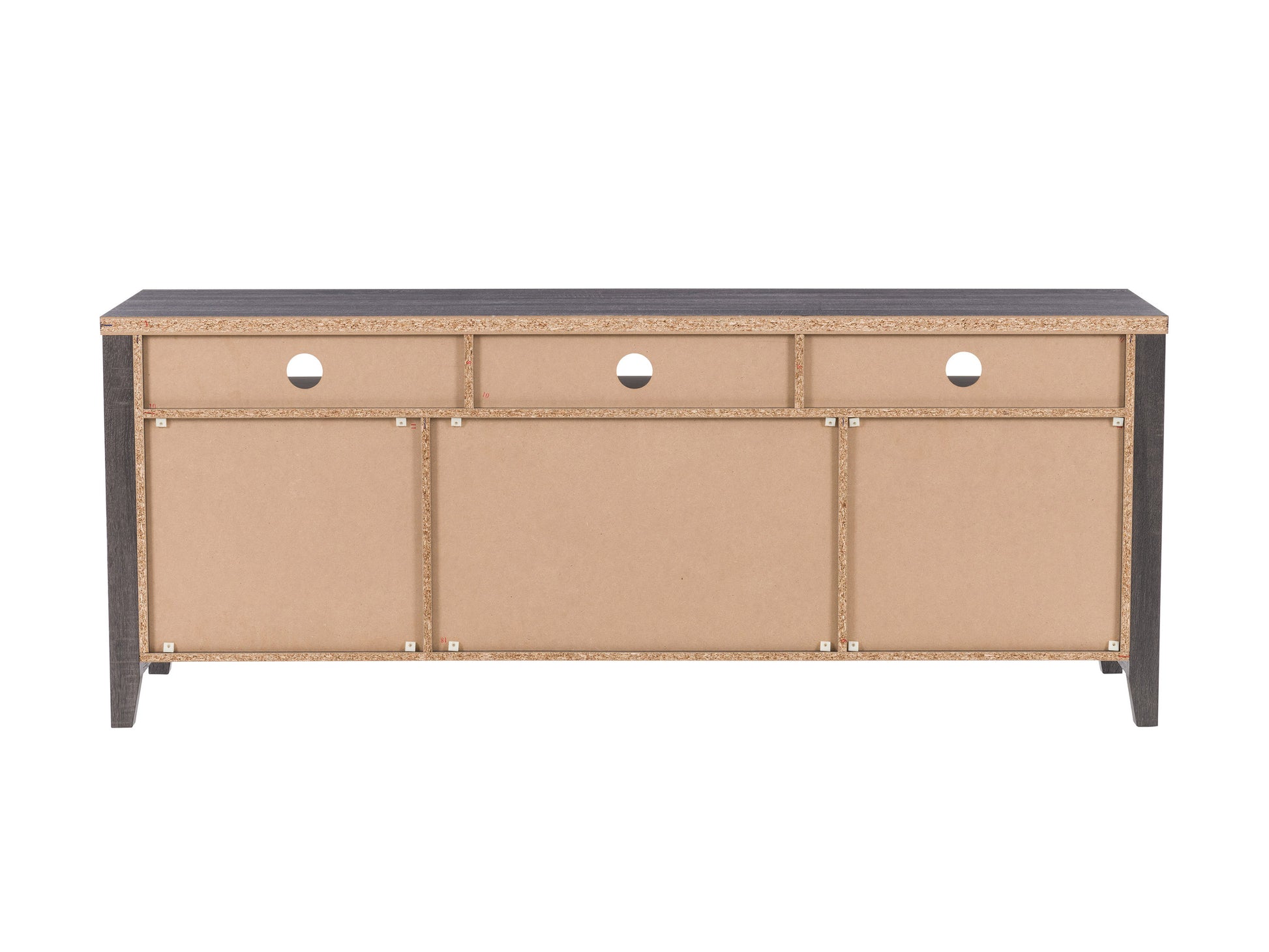 Grey wood TV stand for TVs up to 85 inches, featuring a modern design with sleek lines, two spacious cabinets, and open shelving for media storage, complemented by a durable wood grain finish.
