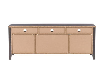 Grey wood TV stand for TVs up to 85 inches, featuring a modern design with sleek lines, two spacious cabinets, and open shelving for media storage, complemented by a durable wood grain finish.