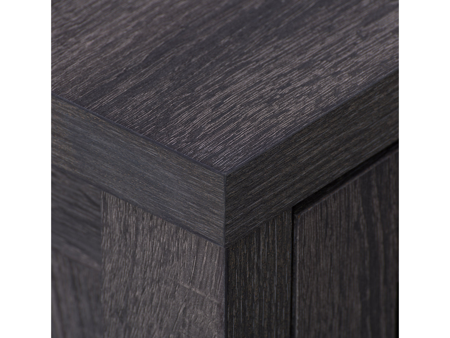 Grey wood TV stand with open shelves, cabinets, and metal handles, suitable for TVs up to 80 inches, featuring a modern design with a textured finish and sturdy construction for living room entertainment.