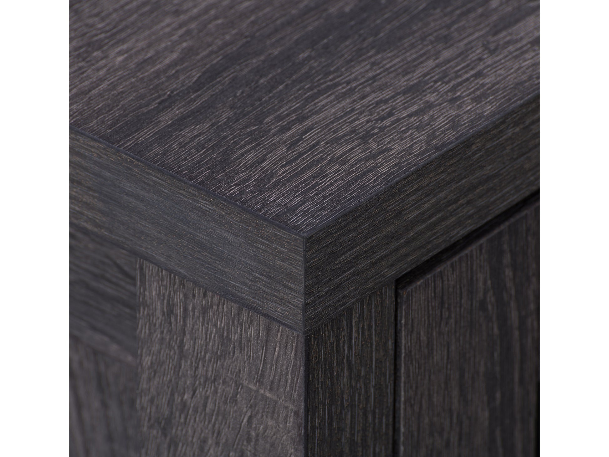 Grey wood TV stand with open shelves, cabinets, and metal handles, suitable for TVs up to 80 inches, featuring a modern design with a textured finish and sturdy construction for living room entertainment.