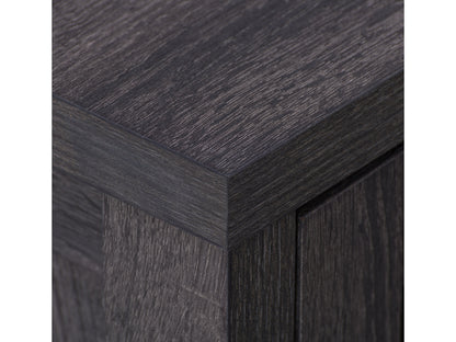 Grey wood TV stand with open shelves, cabinets, and metal handles, suitable for TVs up to 80 inches, featuring a modern design with a textured finish and sturdy construction for living room entertainment.