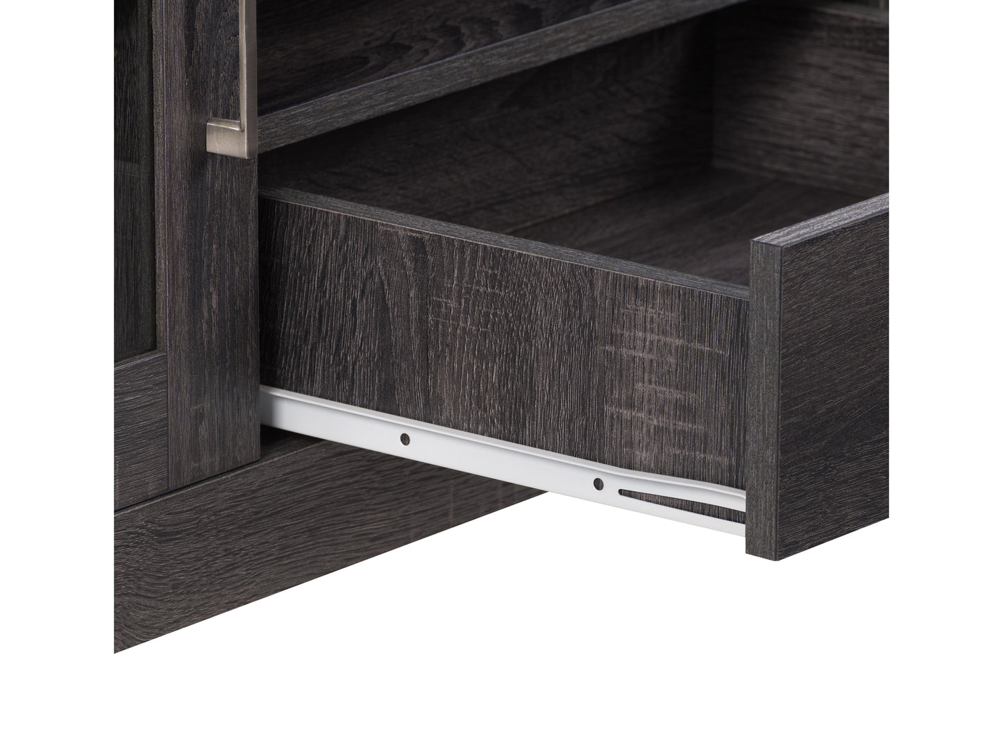 Grey wood TV stand for TVs up to 80 inches, featuring a sleek design with open shelving, metal accents, and a textured wood finish, perfect for modern living rooms and entertainment spaces.