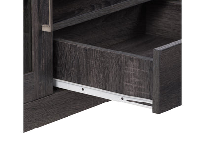 Grey wood TV stand for TVs up to 80 inches, featuring a sleek design with open shelving, metal accents, and a textured wood finish, perfect for modern living rooms and entertainment spaces.