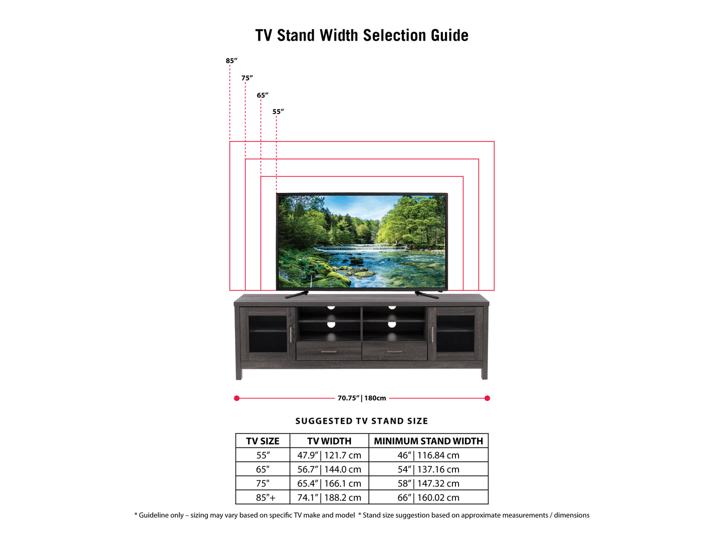 Grey wood TV stand with two open shelves, two cabinets with glass doors, and sleek metal handles, suitable for TVs up to 80 inches. Modern design with a smooth finish and ample storage space.