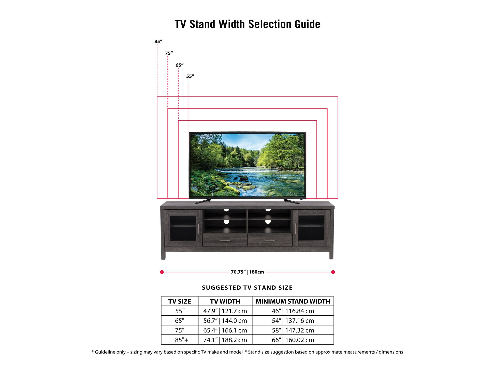 Grey wood TV stand with two open shelves, two cabinets with glass doors, and sleek metal handles, suitable for TVs up to 80 inches. Modern design with a smooth finish and ample storage space.