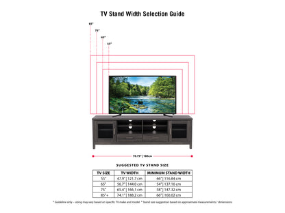 Grey wood TV stand with two open shelves, two cabinets with glass doors, and sleek metal handles, suitable for TVs up to 80 inches. Modern design with a smooth finish and ample storage space.