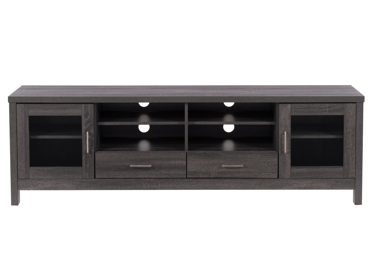 Grey wood TV stand for TVs up to 80 inches, featuring a sleek design with open shelving, cabinet doors, and a sturdy build. Ideal for modern living rooms, it combines functionality with contemporary style.