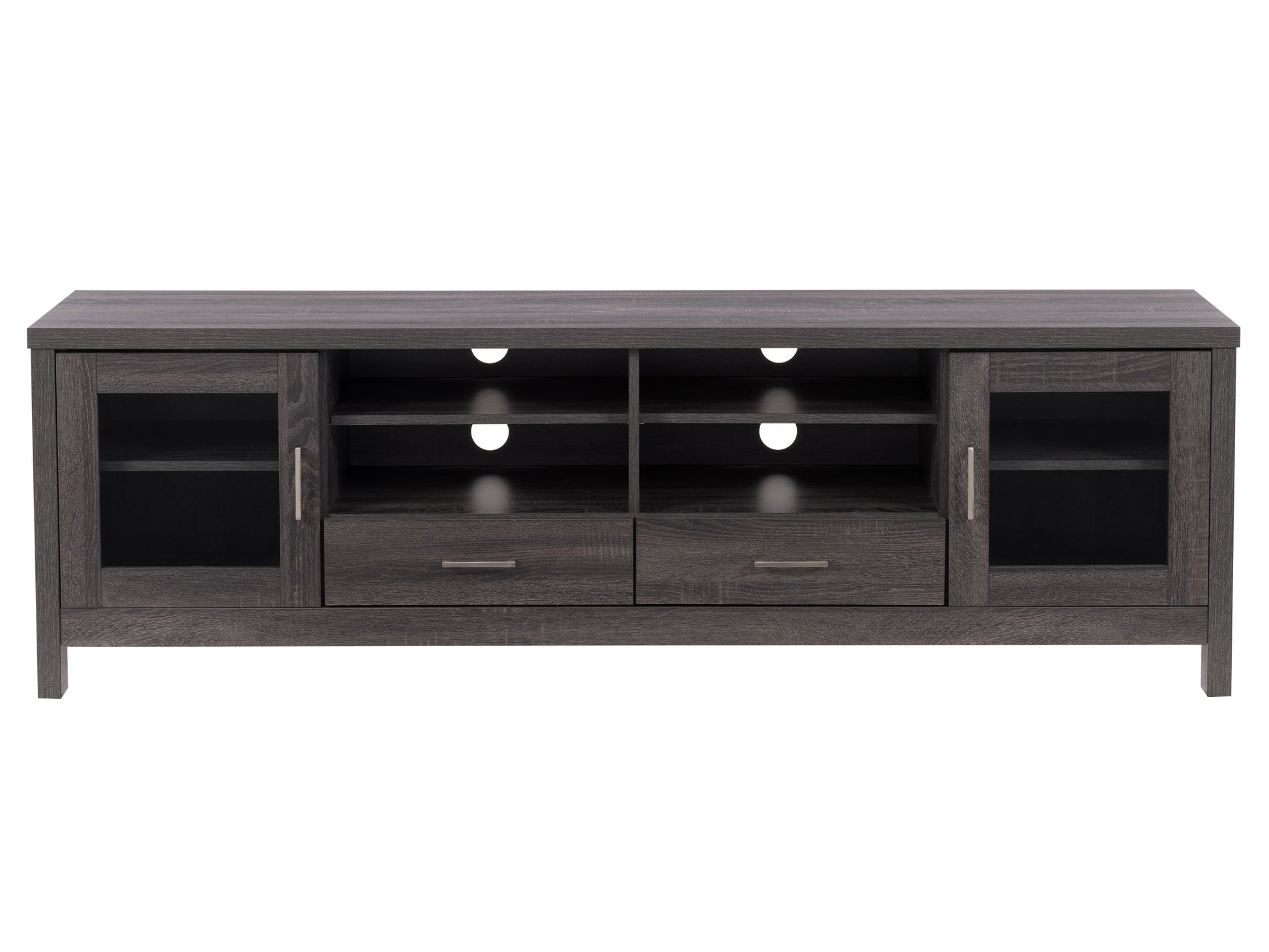 Grey wood TV stand for TVs up to 80 inches, featuring a sleek design with open shelving, cabinet doors, and a sturdy build. Ideal for modern living rooms, it combines functionality with contemporary style.