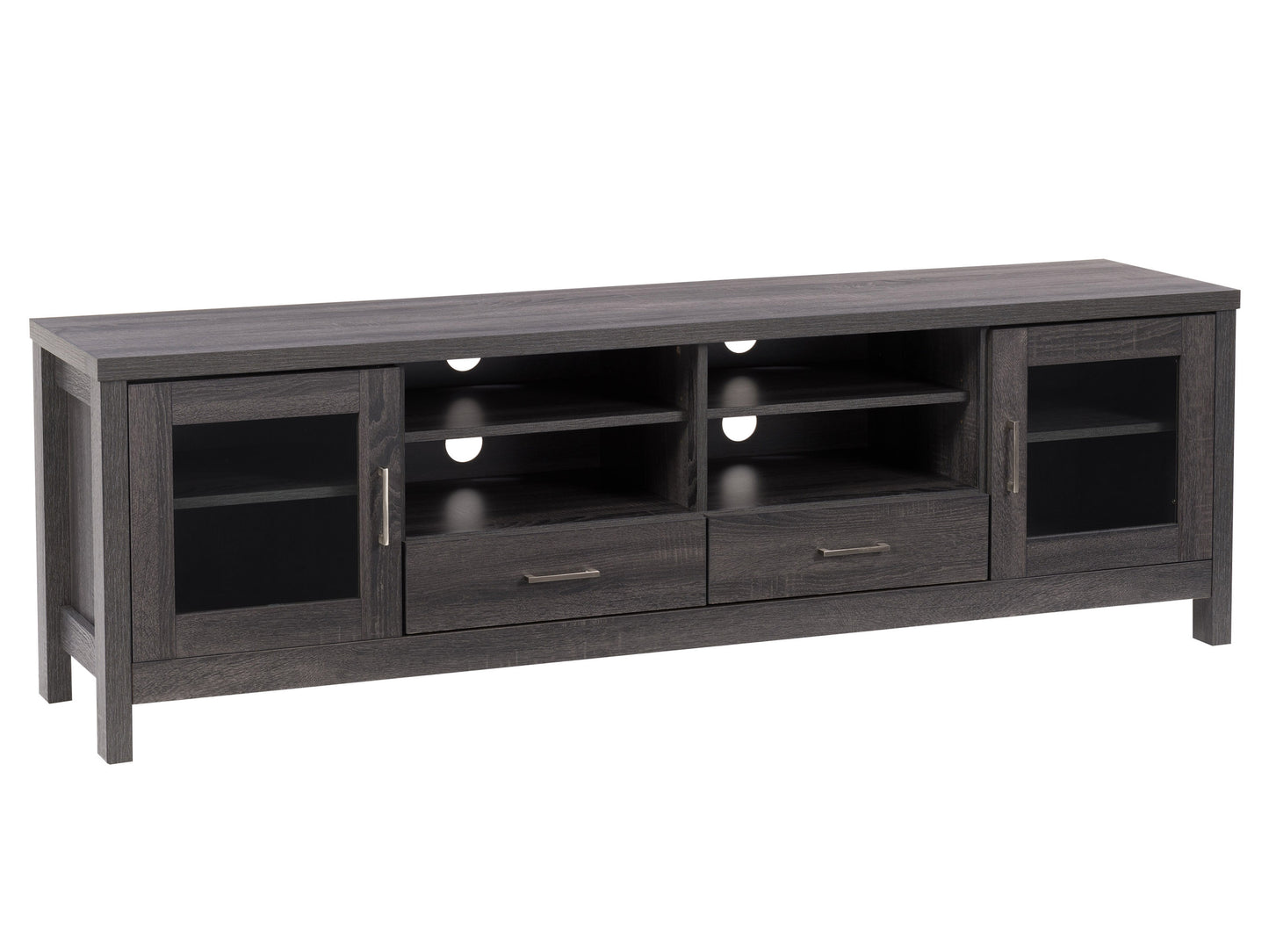 Grey wood TV stand with sleek design, fits TVs up to 80 inches, features two open shelves, two cabinet doors with black handles, and a modern, rustic finish.