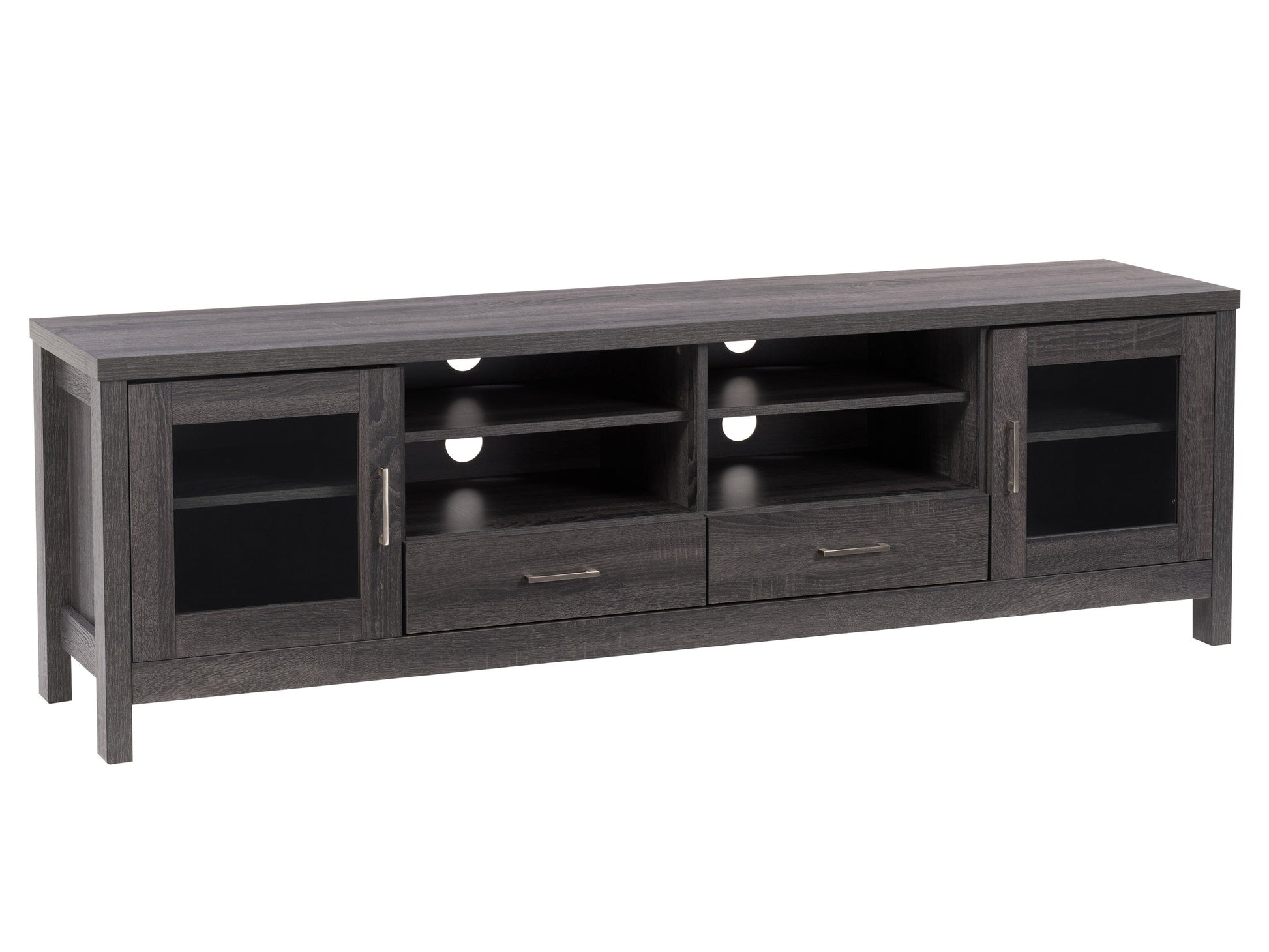 Grey wood TV stand with sleek design, fits TVs up to 80 inches, features two open shelves, two cabinet doors with black handles, and a modern, rustic finish.