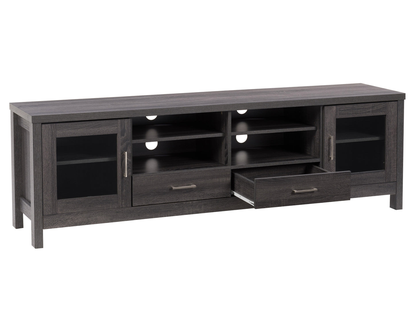 Grey wood TV stand for TVs up to 80 inches, featuring a sleek design with open shelves, two cabinets with black metal handles, and a smooth, textured finish. Ideal for modern living rooms.