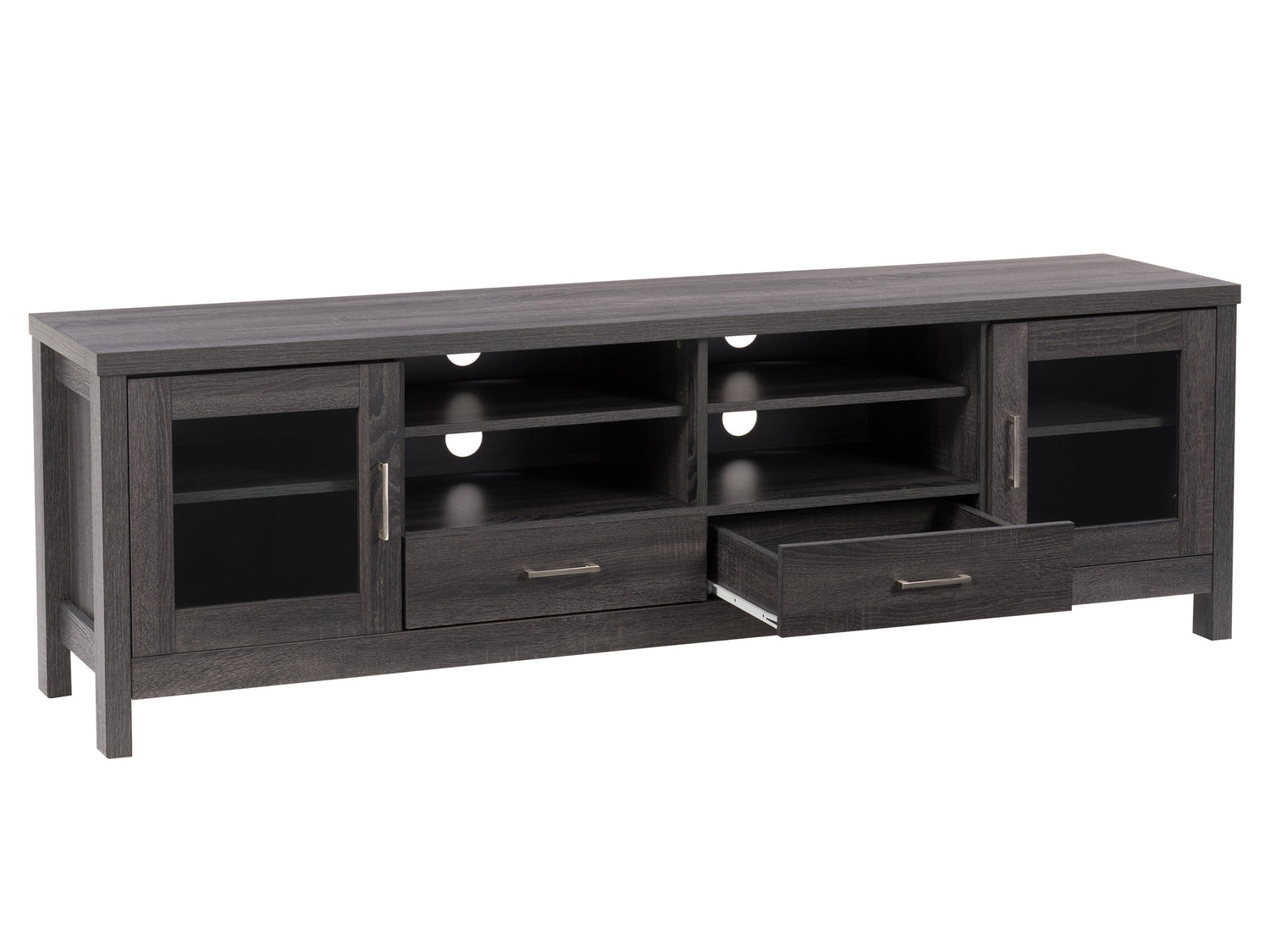 Grey wood TV stand for TVs up to 80 inches, featuring a sleek design with open shelves, two cabinets with black metal handles, and a smooth, textured finish. Ideal for modern living rooms.