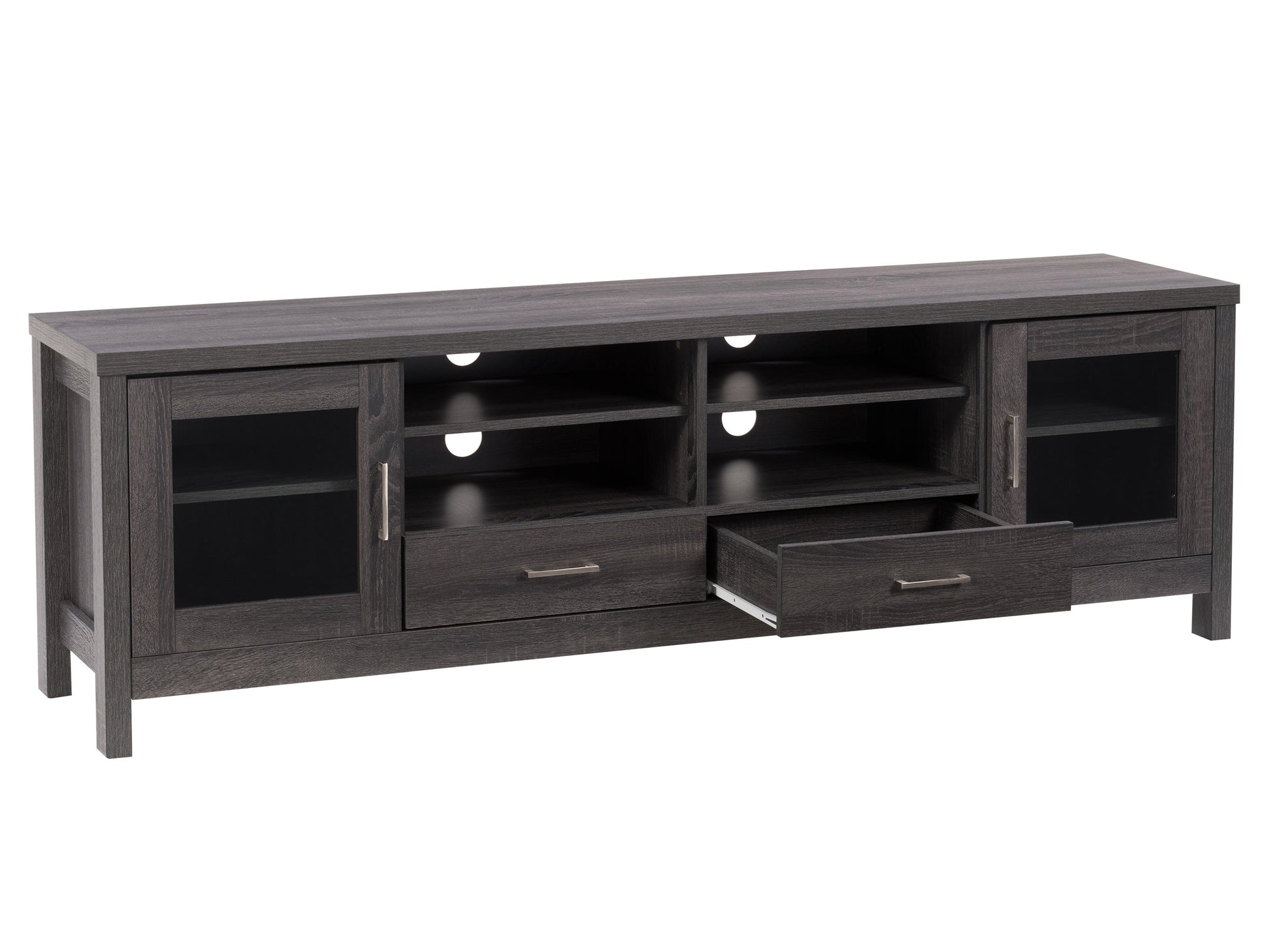 Grey wood TV stand for TVs up to 80 inches, featuring a sleek design with open shelves, two cabinets with black metal handles, and a smooth, textured finish. Ideal for modern living rooms.