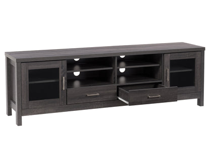 Grey wood TV stand for TVs up to 80 inches, featuring a sleek design with open shelves, two cabinets with black metal handles, and a smooth, textured finish. Ideal for modern living rooms.