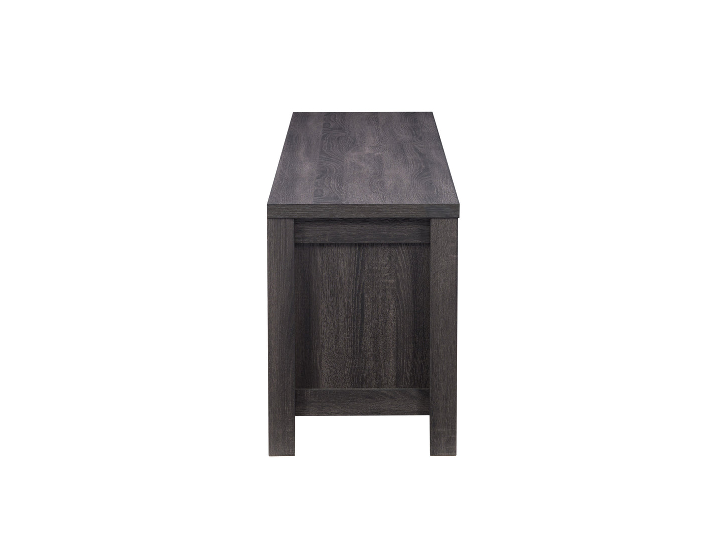 Grey wood TV stand for TVs up to 80 inches, featuring a sleek design with two open shelves, two cabinets with black metal handles, and a textured wood finish.