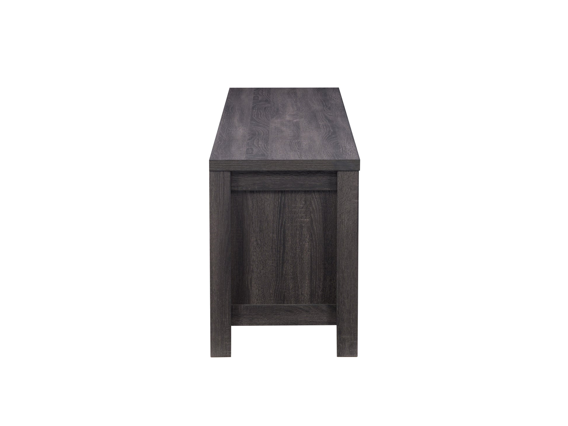 Grey wood TV stand for TVs up to 80 inches, featuring a sleek design with two open shelves, two cabinets with black metal handles, and a textured wood finish.
