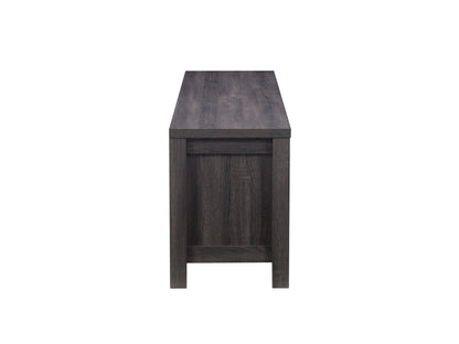 Grey wood TV stand for TVs up to 80 inches, featuring a sleek design with two open shelves, two cabinets with black metal handles, and a textured wood finish.