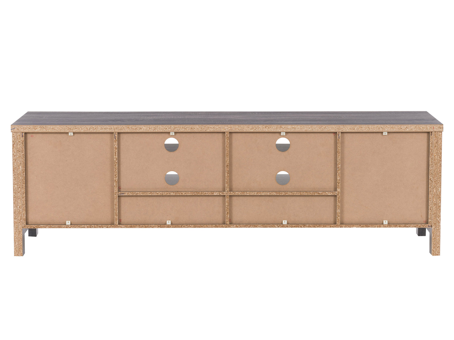 Grey wood TV stand for TVs up to 80 inches, featuring a sleek design with open shelves and cabinets for storage, silver handles, and a modern aesthetic, perfect for contemporary living rooms.