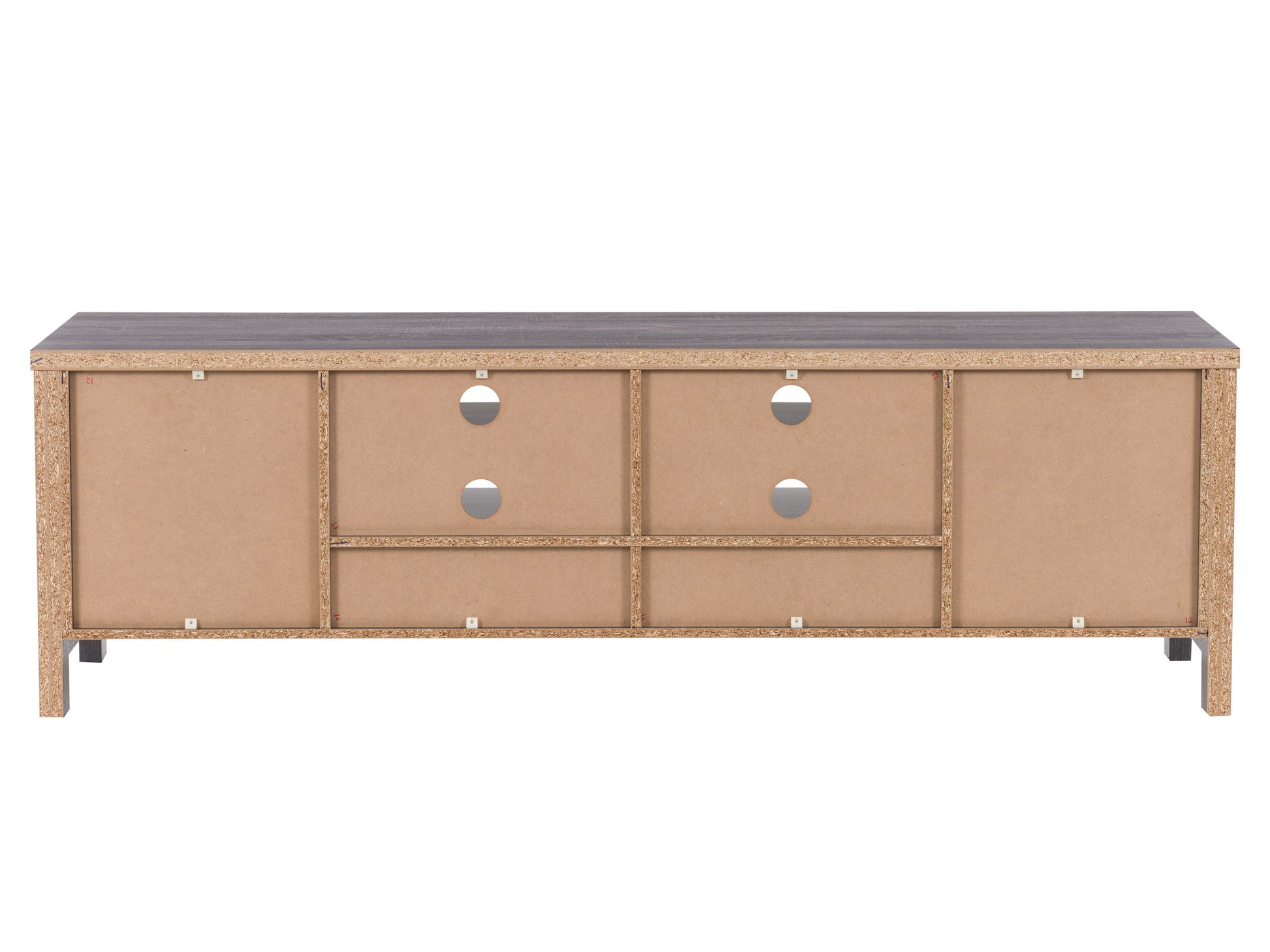Grey wood TV stand for TVs up to 80 inches, featuring a sleek design with open shelves and cabinets for storage, silver handles, and a modern aesthetic, perfect for contemporary living rooms.